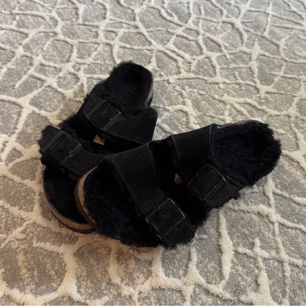Arizona Shearling Fuzzy Black Birkenstock Sandals